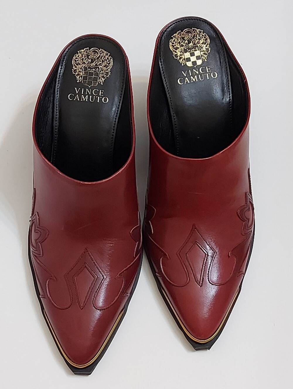 Vince Camuto Burgundy Pointed Leather Slip-On Mules with Gold Trim